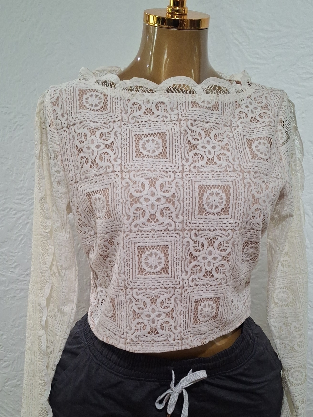 N.W.T Endless Rose Cream Crochet Lace Long-Sleeve Crop Top Size M